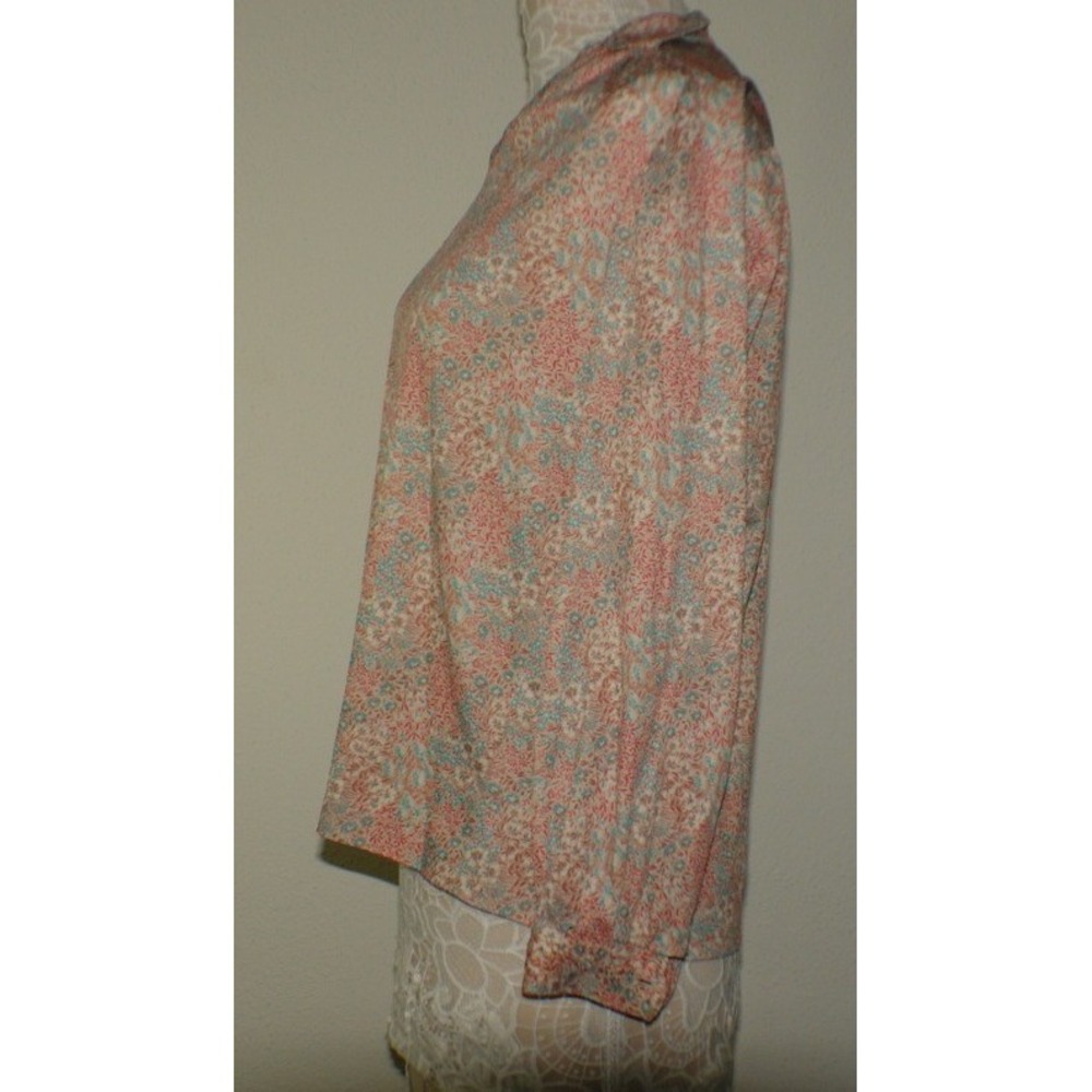 Vintage Ditsy Floral Long Sleeve Blouse Split Neck Coral Teal Top - Picture 3 of 5